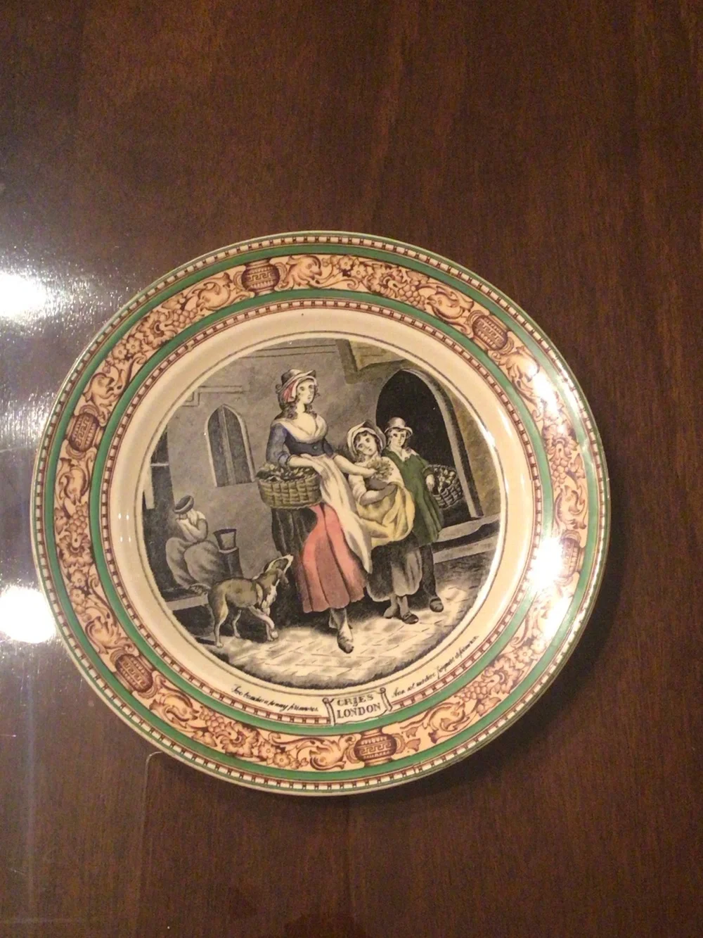 Adams Multicolor Transferware Dinner Plate with Green and Cream Border